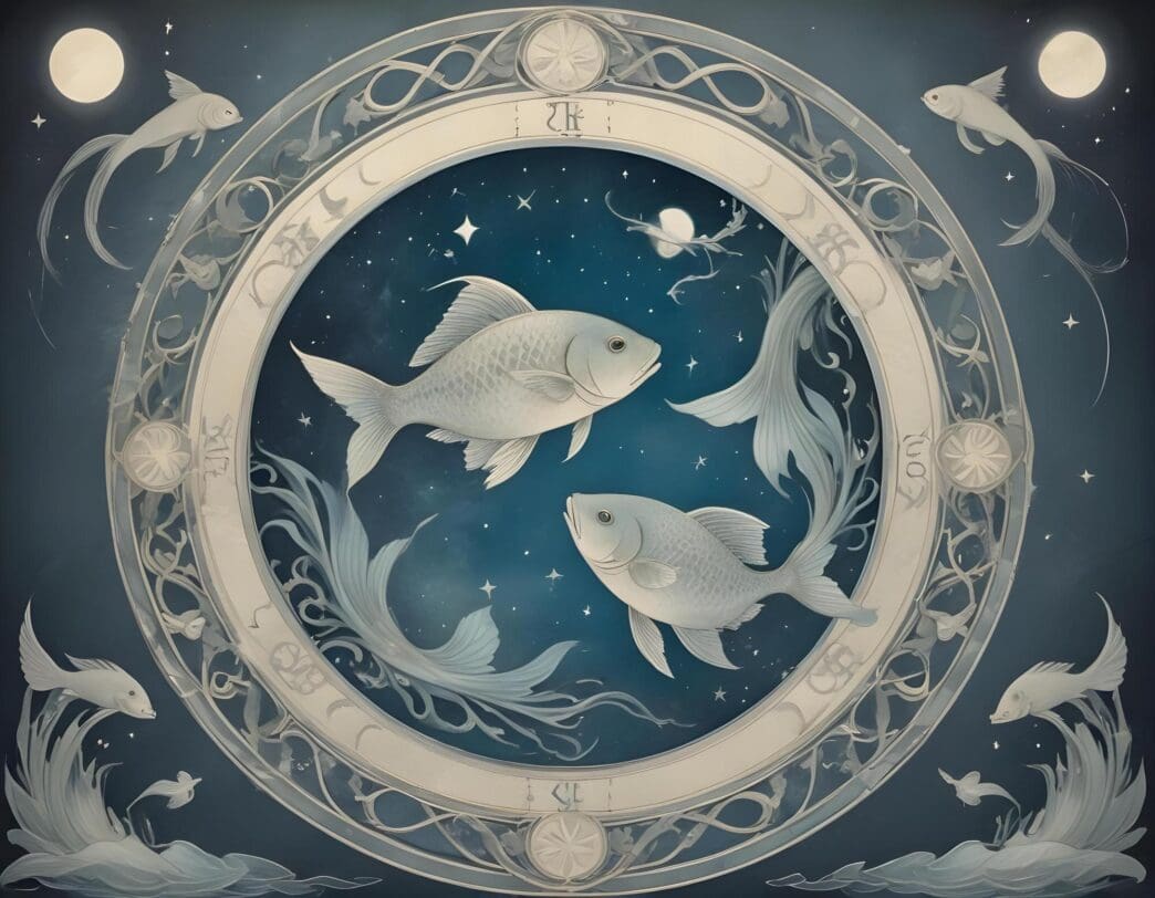 A drawing depicts the Pisces zodiac symbol, consisting of two fish swimming in opposite directions, connected by a curved line.