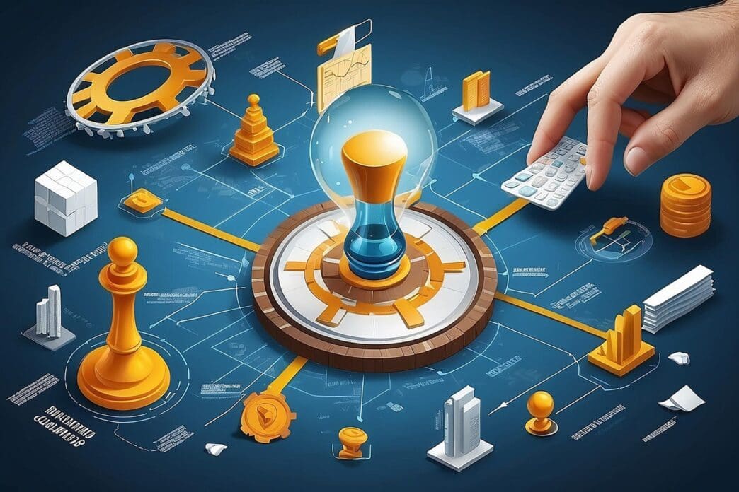 A person points to a line graph trending upward, symbolizing business success.