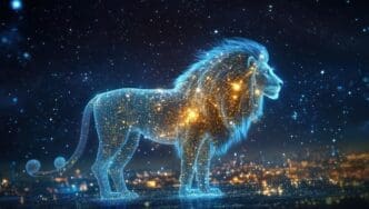 An electric guitar is silhouetted against a vibrant backdrop of pink and blue bursts and streaks.