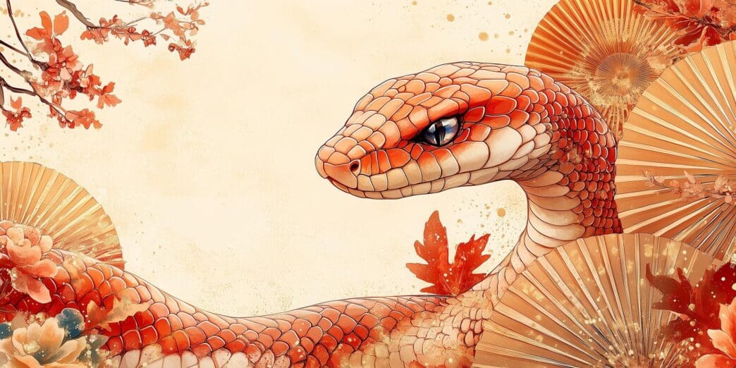 Pastel yellow New Year's card with gold fan designs and a rose gold snake.