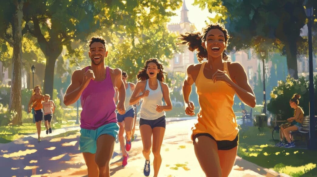Group of people, including families and friends, jogging together in a sunny park.