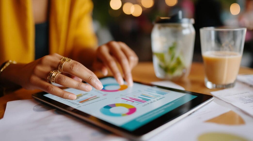 A person analyzes data on a laptop at a modern cafe, with coffee and mint water visible on the table.