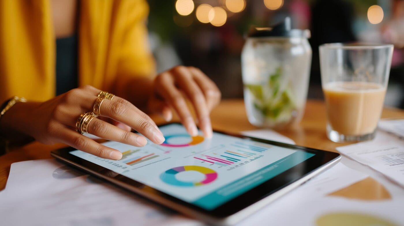 A person analyzes data on a laptop at a modern cafe, with coffee and mint water visible on the table.