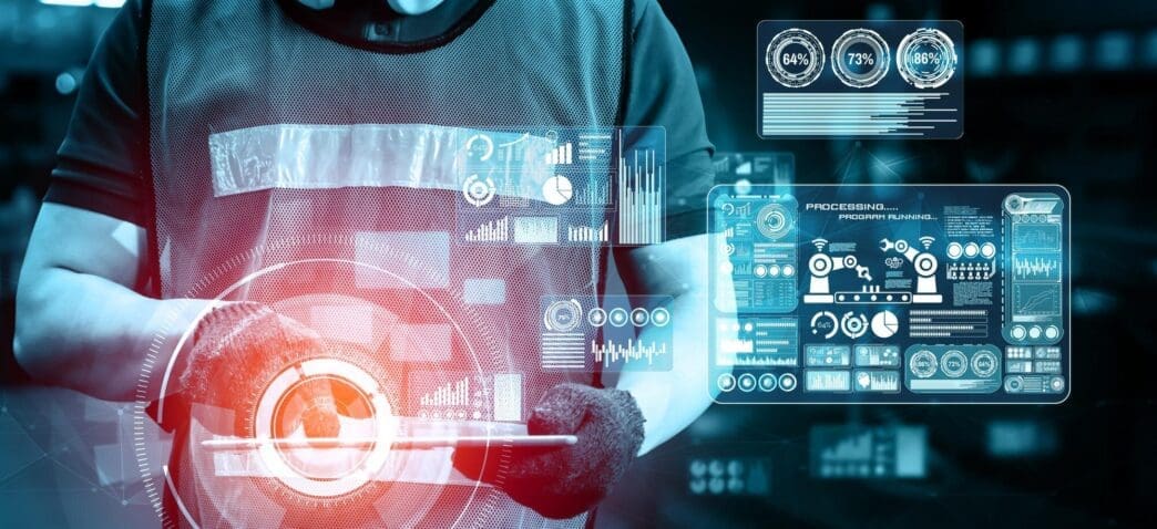 A graphic depicts a smart factory concept with interconnected machines, data streams, and digital interfaces representing Industry 4.0 technology.