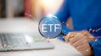 A graphic illustrates the concept of an exchange-traded fund (ETF) within the context of the stock market, trading, and financial investment.