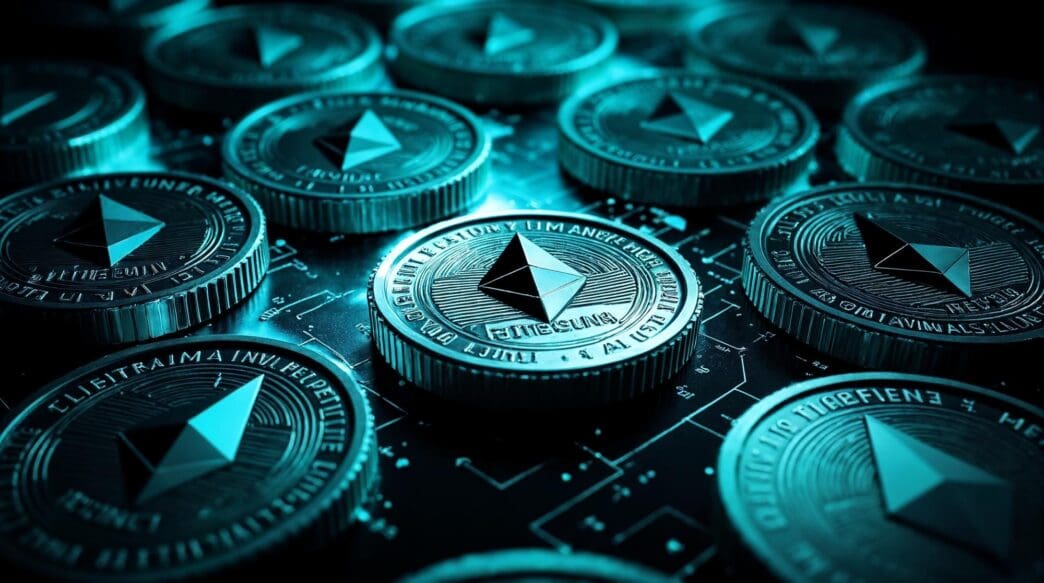 Close-up of several shiny, gold Ethereum cryptocurrency coins stacked on top of each other.