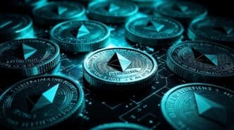 Close-up of several physical Ethereum cryptocurrency coins stacked and arranged on a surface.