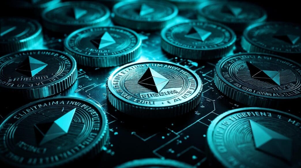 Close-up of several physical Ethereum cryptocurrency coins stacked and scattered on a surface.