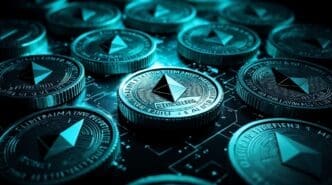 Several shiny, physical Ethereum cryptocurrency coins are displayed.