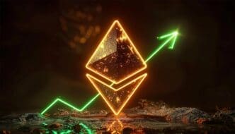3D rendering of an Ethereum cryptocurrency logo with a candlestick chart showing upward growth.
