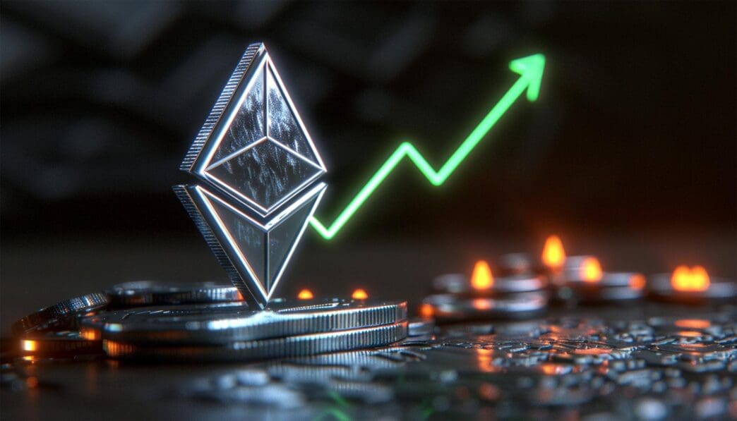 3D rendering of an Ethereum cryptocurrency graph with a rising candlestick chart.