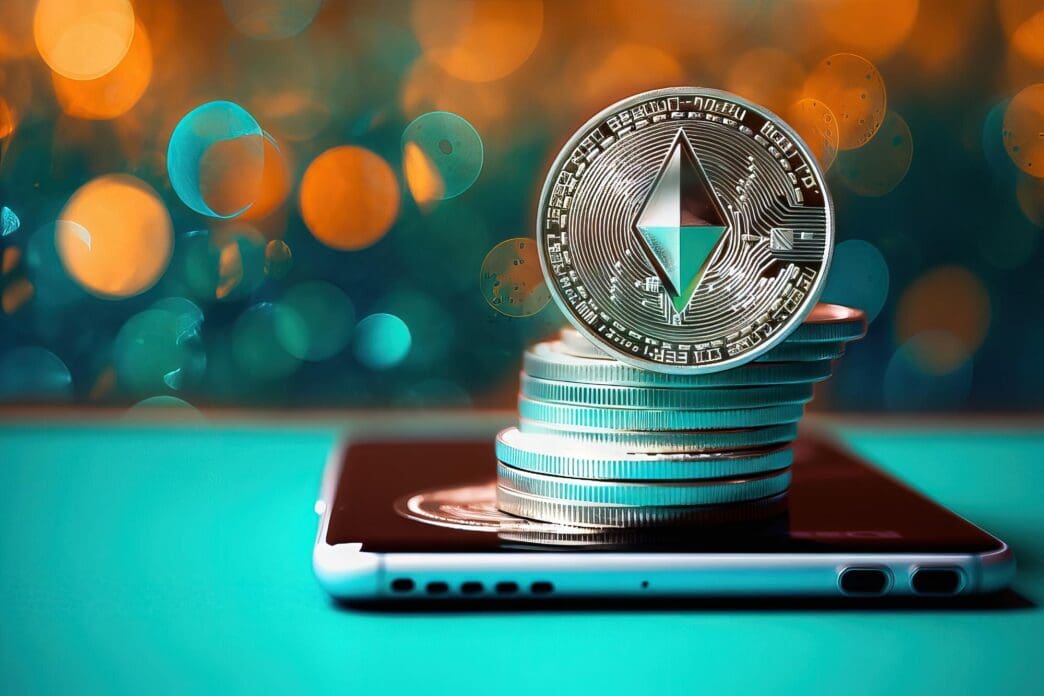 A futuristic graphic depicts a network of interconnected nodes representing the Ethereum blockchain, overlaid with abstract generative AI visualizations.