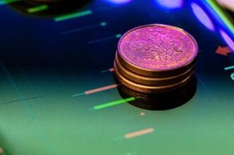 Close-up of a Euro coin resting on a stock chart, representing a financial investment concept.