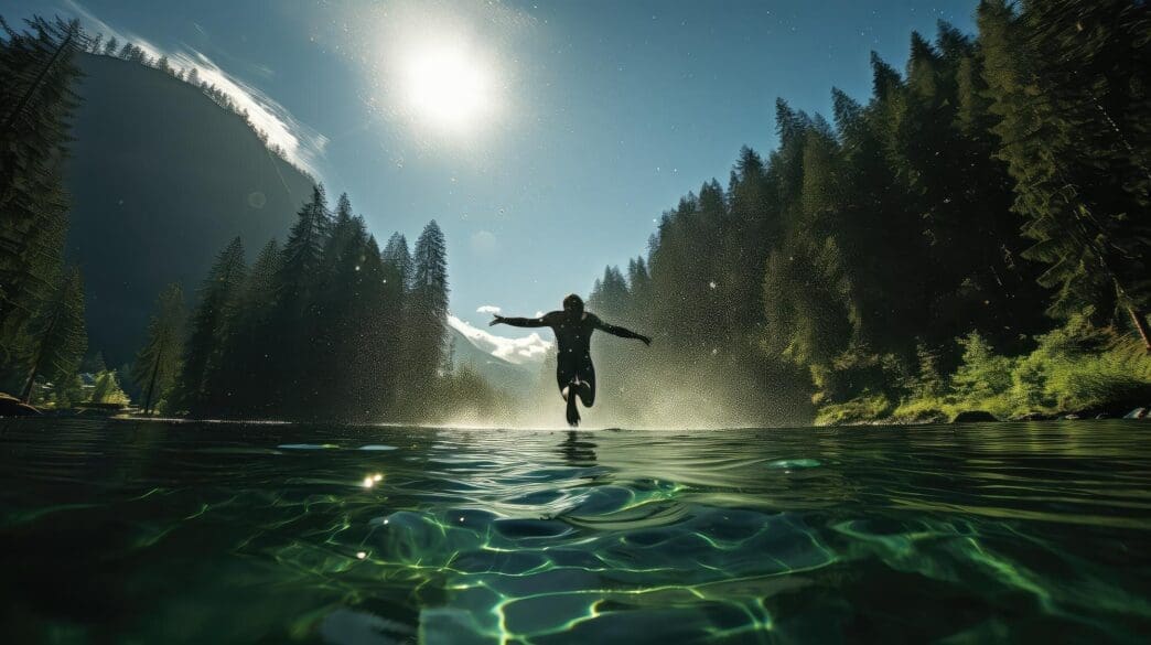 A person wearing scuba gear prepares to enter a lake.