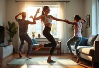 A family dances together in their living room, bathed in the warm light of a sunset.