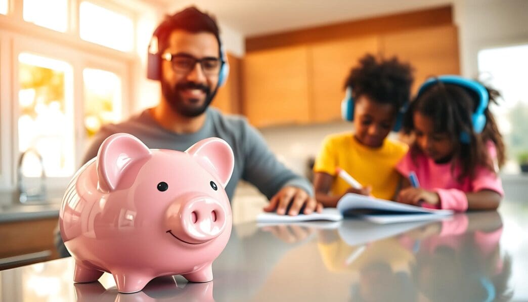 A family is gathered in a kitchen, with a pink piggy bank prominently displayed, symbolizing savings and financial planning.