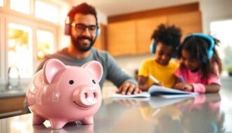 A family is gathered in a kitchen, with a pink piggy bank prominently displayed, symbolizing savings and financial planning.