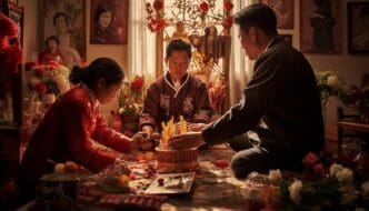 A family kneels before a home altar decorated with offerings, honoring their ancestors during a festival.