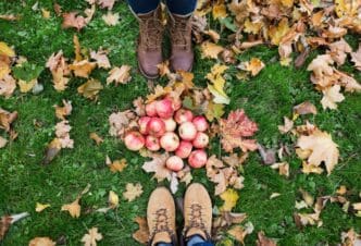 Close-up of two pairs of feet in boots standing on grass, surrounded by apples and autumn leaves.