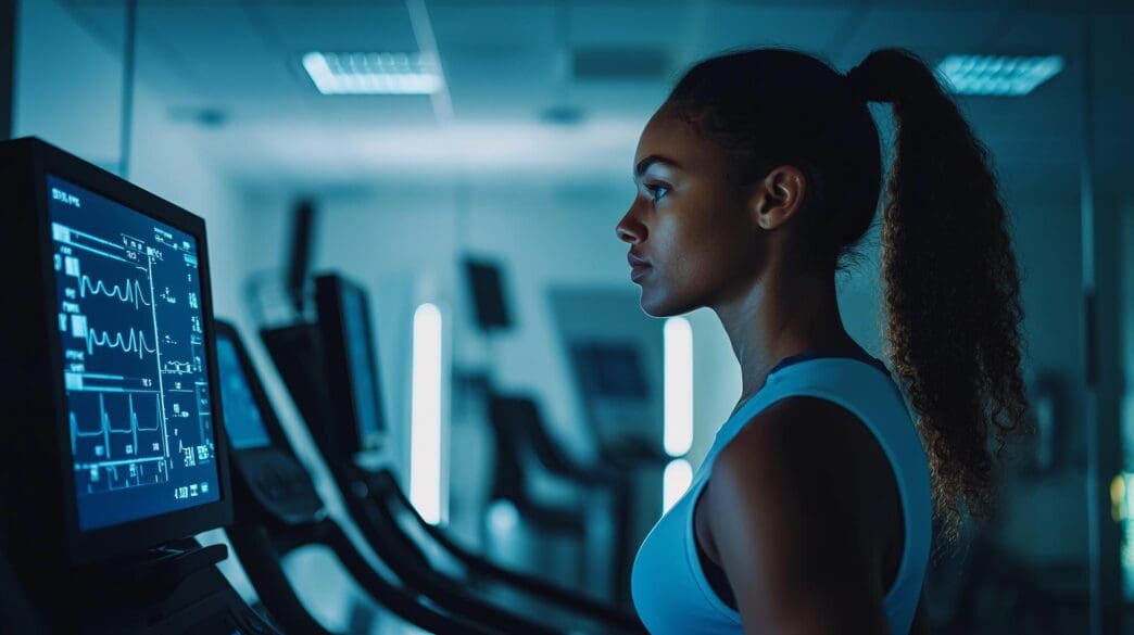 A female athlete concentrates while performing a cardiopulmonary exercise routine in a gym.