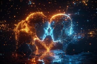 Two figures, depicted in vibrant flames, symbolize passion and the intense energy of human relationships.