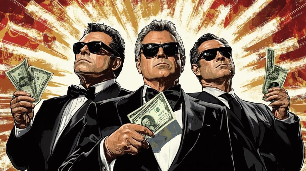 Two men in suits stand in front of a skyscraper, representing financial tycoons.