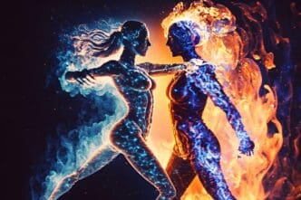 A Yin Yang symbol is depicted with fire and water elements in the form of fighting people, generated by a neural network.