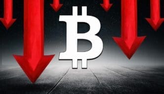 Red arrows pointing downwards towards a large digital currency symbol, illustrating a decline in the market.