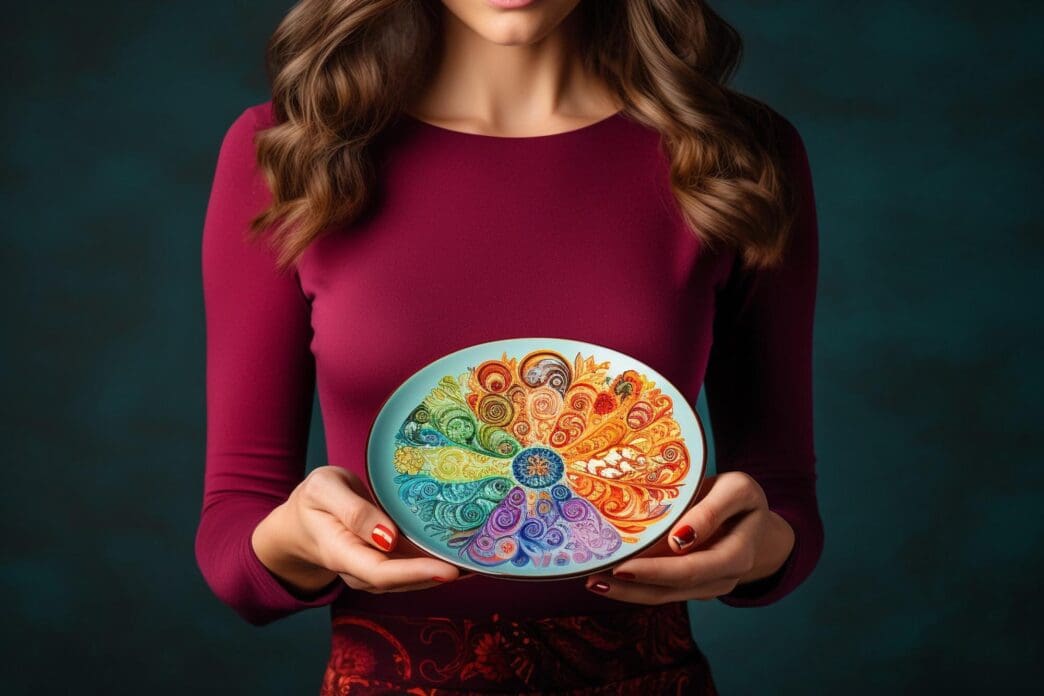 A woman focuses on a colorful plate of food, demonstrating mindful eating and a balanced diet.