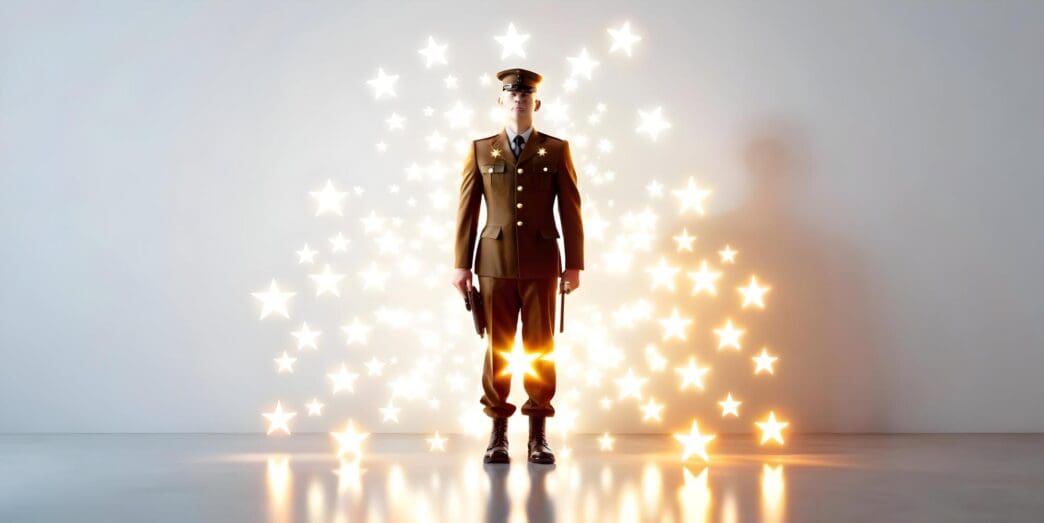 Glowing abstract star and flag elements form a striking advertisement for Veterans Day.