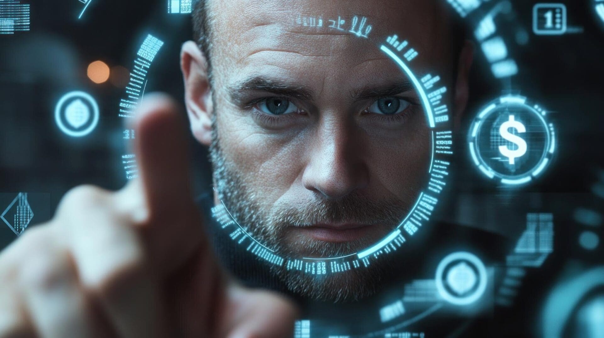 A man concentrates while interacting with a holographic interface displaying digital financial data.
