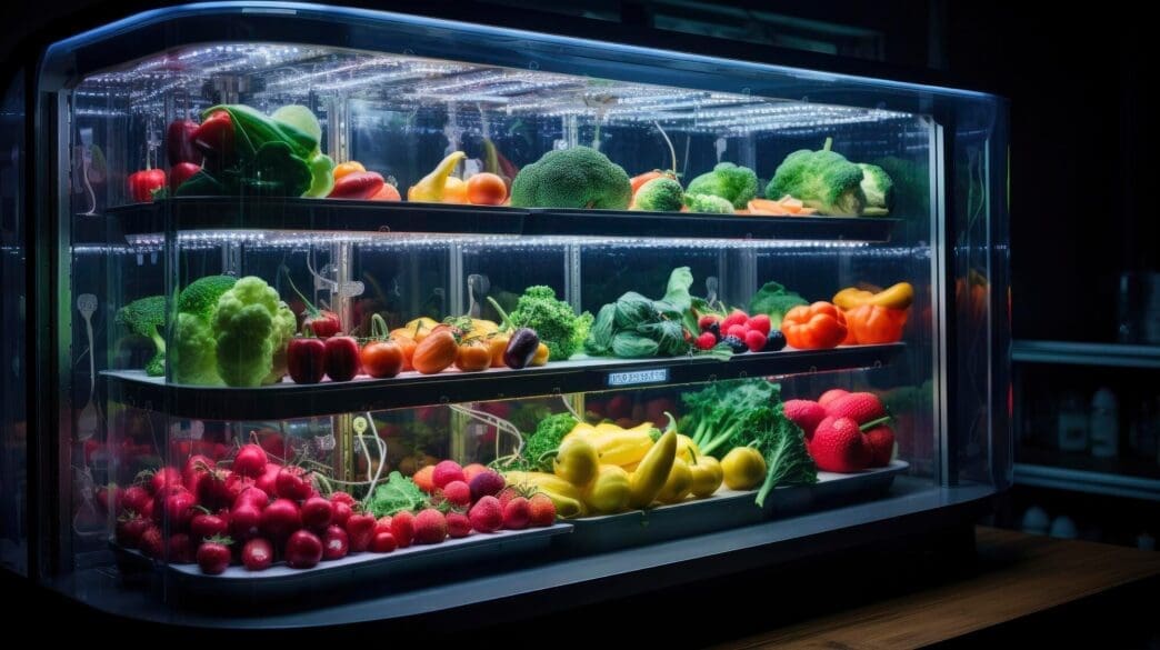 A futuristic food scanner uses advanced technology to analyze nutrients for personalized nutrition.
