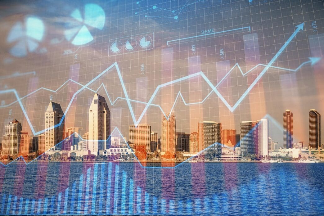 A multi-exposure image shows a cityscape with skyscrapers overlaid with a forex chart, representing financial research.