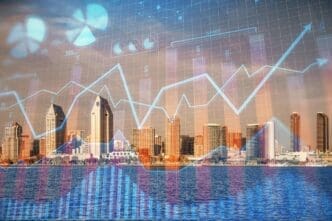 A multi-exposure image shows a cityscape with skyscrapers overlaid with a forex chart, representing financial research.