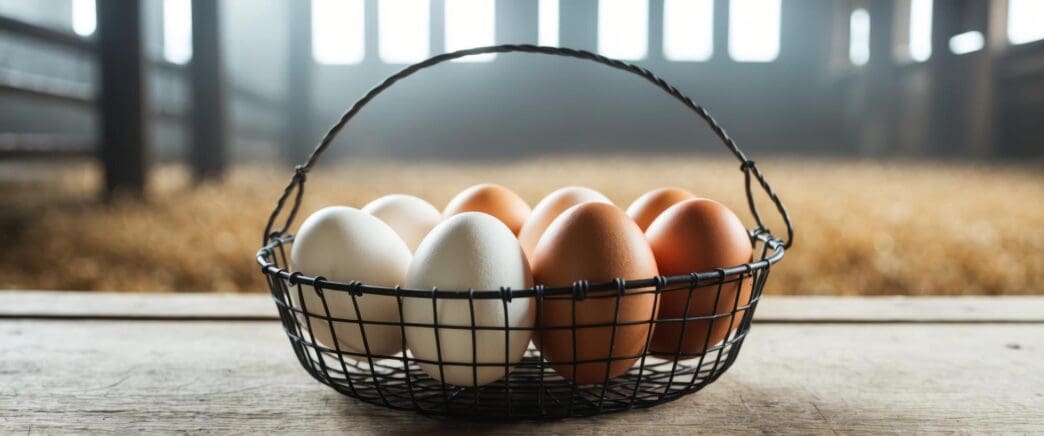 A wire basket filled with fresh farm eggs sits on a rustic surface in a barn, with a misty morning backdrop.