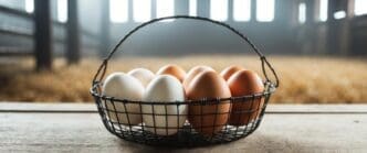 A wire basket filled with fresh farm eggs sits on a rustic surface in a barn, with a misty morning backdrop.
