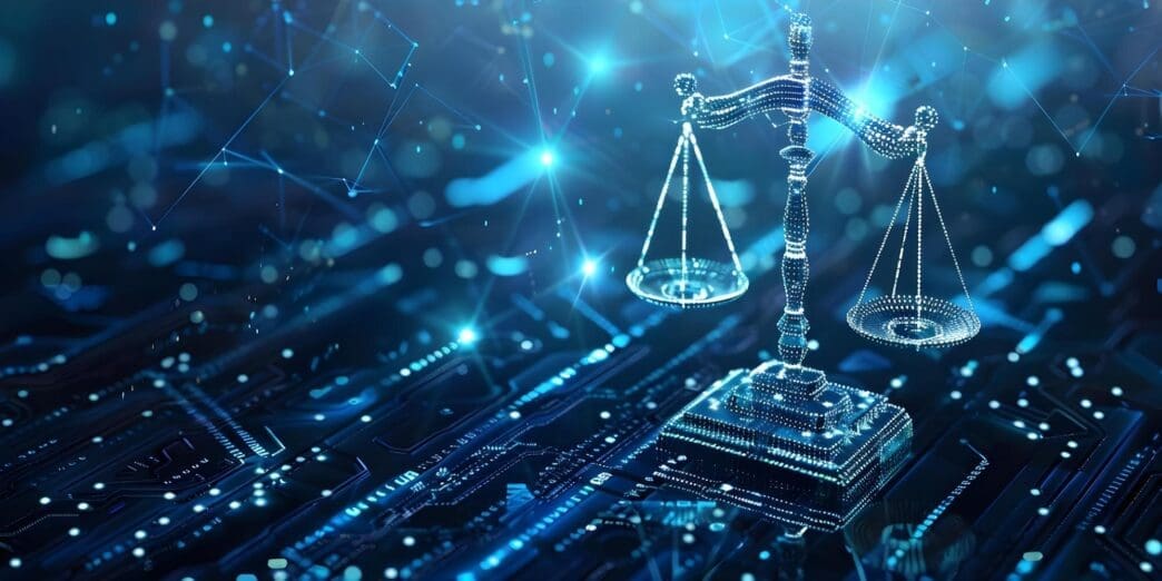 A digital depiction shows scales of justice with a futuristic design, representing the evolution of cyber law in a technology-driven world.