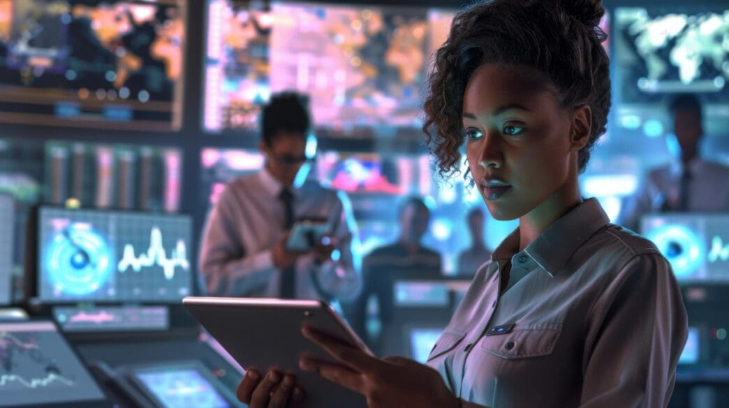 A multiethnic woman in a control center uses a tablet, suggesting technological oversight.