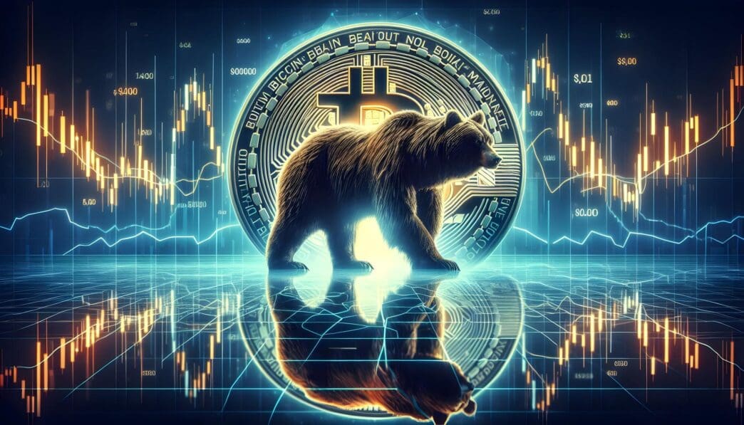 Abstract digital art depicts a bearish Bitcoin market with a downward-trending chart.