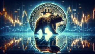 Abstract digital art depicts a bearish Bitcoin market with a downward-trending chart.