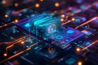 Futuristic digital interface displaying data storage and connectivity elements.