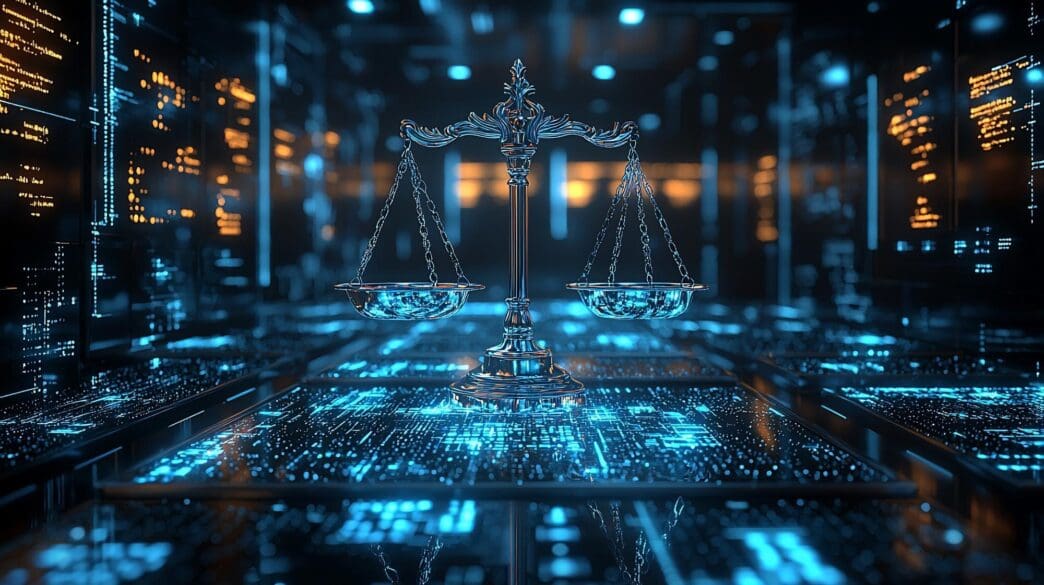Futuristic digital scales of justice glow in a high-tech environment with flowing data streams.
