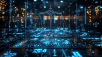 Futuristic digital scales of justice glow in a high-tech environment with flowing data streams.