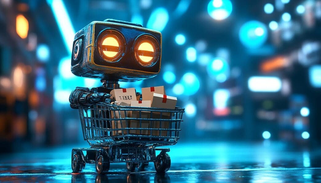 A futuristic robot shops for groceries, pushing a cart in a whimsical science fiction environment.