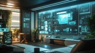 A sleek, futuristic interior features glowing panels and high-tech equipment.