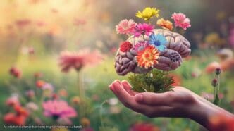 A young girl holds a colorful bouquet of flowers in her hands.