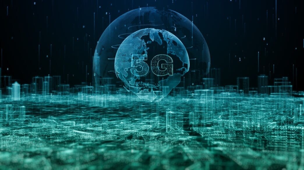 A graphic depicts a world map with interconnected lines illustrating a global 5G network and data analysis processes.