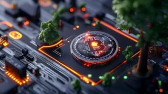 A 3D rendering of a glowing portfolio visually represents financial management solutions.