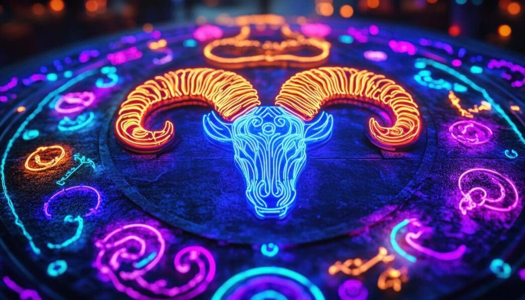A glowing neon ram sign illuminates a dark circle representing the zodiac.