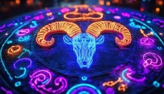 A glowing neon ram sign illuminates a dark circle representing the zodiac.